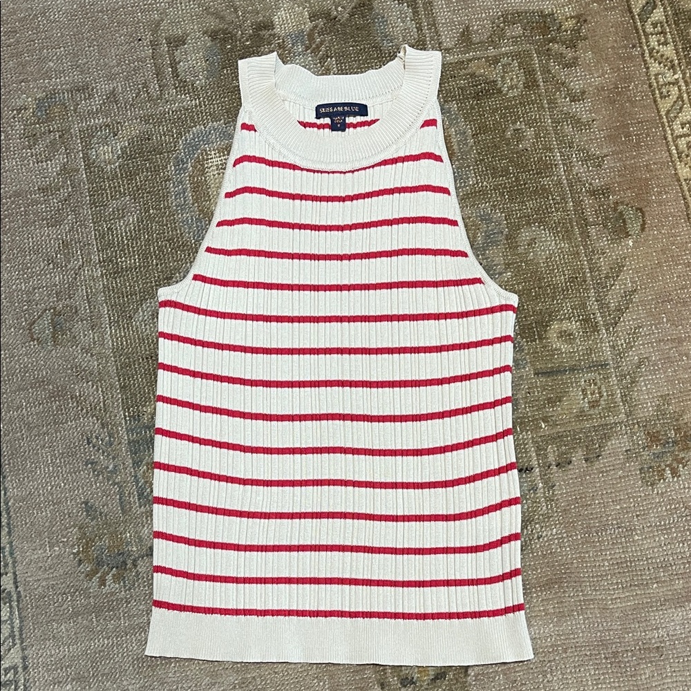 Skies Are Blue Cream Knit Tank with Red Stripes